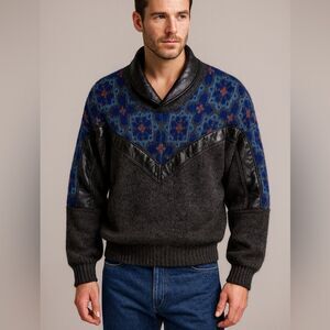 SAXONY Sweater w/ Genuine Leather Trim – Vintage Rare Medium Black